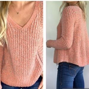 Anthropologie Moth~Wool Blend Bouclé V-Neck Sweater • Peach Cream • Side Zip ▪ S